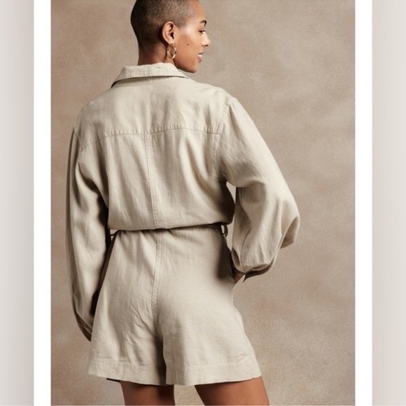 Banana Republic Linen Blend Long Sleeve Shorts Romper in‎ Neutral Stone Small - Picture 4 of 12